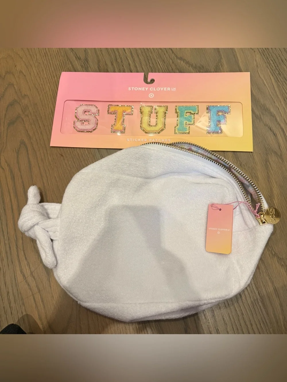 Stoney Clover Lane and Target Large White Plush Kids Large Pouch. STUFF letters